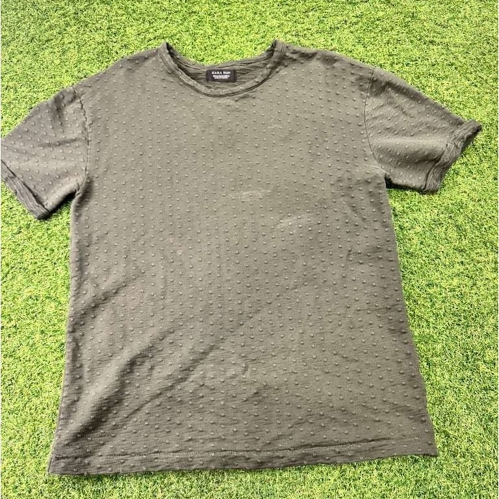 Zara Textured T-Shirt Mens M Army Green Swiss Dotted Knit Casual Everyday‎ Wear